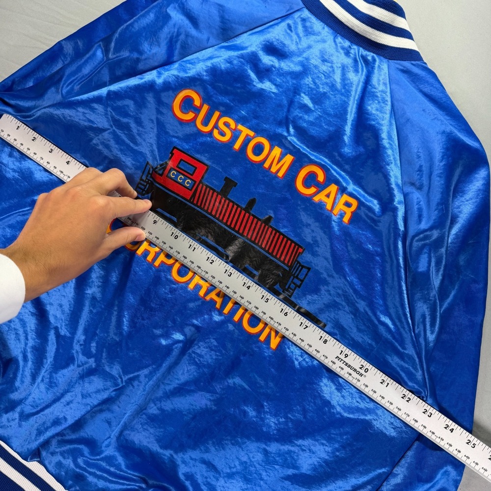 Vintage Railroad Satin Jacket Mens Large Four Seasons Blue Rail Car Snap 90s - Picture 8 of 10